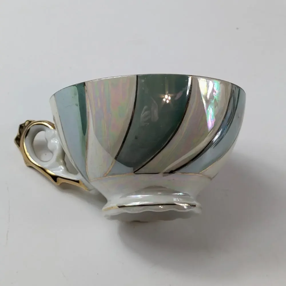 Red Cardinal Lusterware Teacup Japan Gold White Blue Pinwheel Bone China Gift - Picture 10 of 13